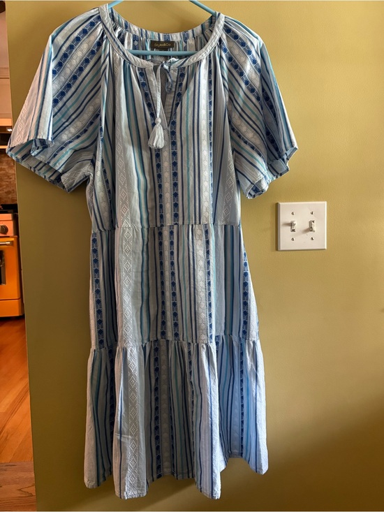 Dresses & Skirts - Cute swingy cotton tiered summer dress. Blues and stripes, tie tassel neck.